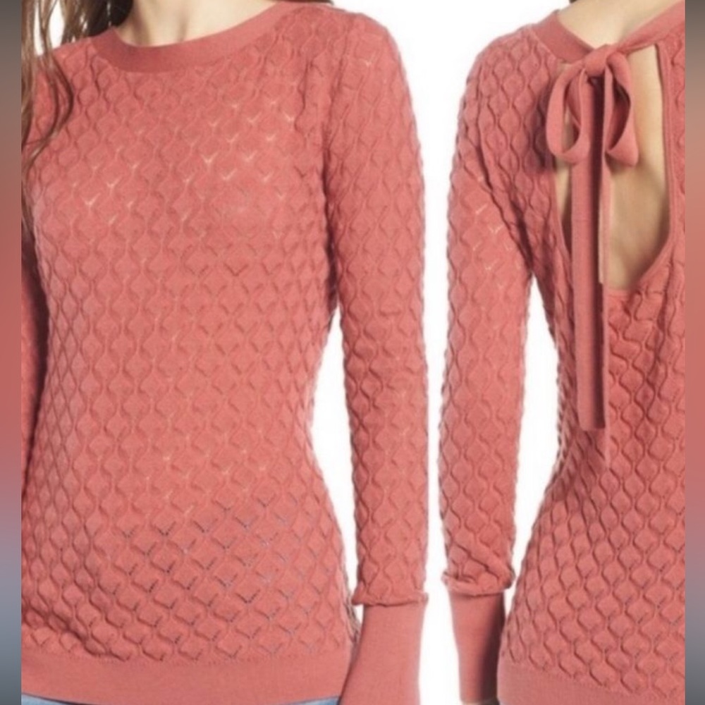 Hinge Pointelle pink sweater w/open back & tie. NWT! Sz L